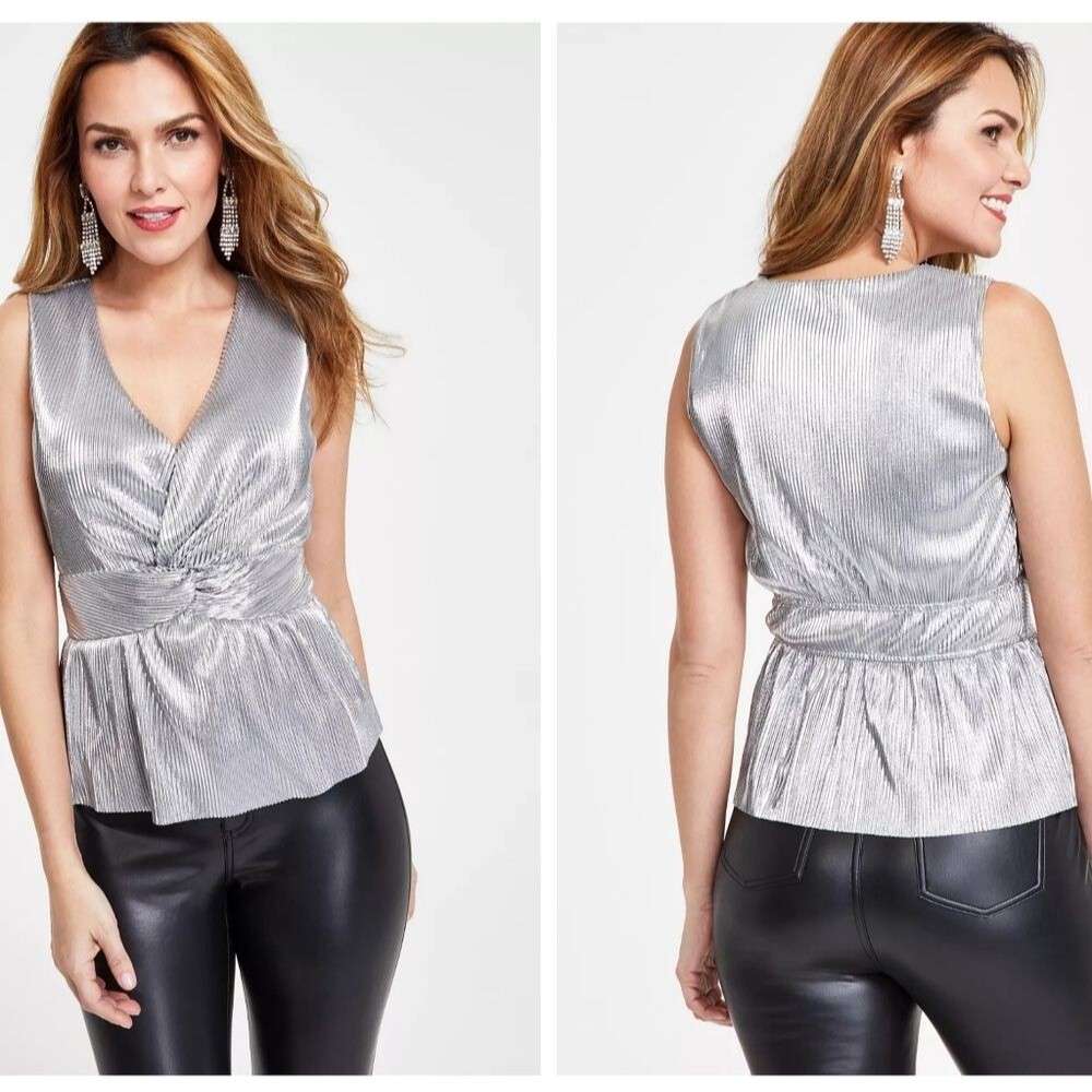 NWT Women's INC Silver Shine Twist-Front Top, Size XL